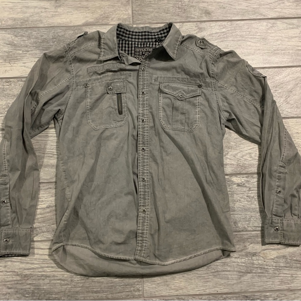 AFFLICTION BRAND Button-Down Grey ANGEL WINGS INCRUSTED GEMS Shirt Size Large